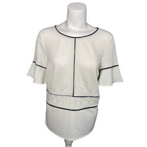 Banana Republic Cream Navy Blue‎ Trim Flutter Sleeve Blouse Top Sz Small